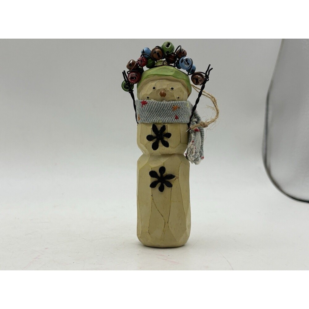 Hand Carved Wood Snowman Ornament Primitive Folk Art Jingle Bell 5.5”